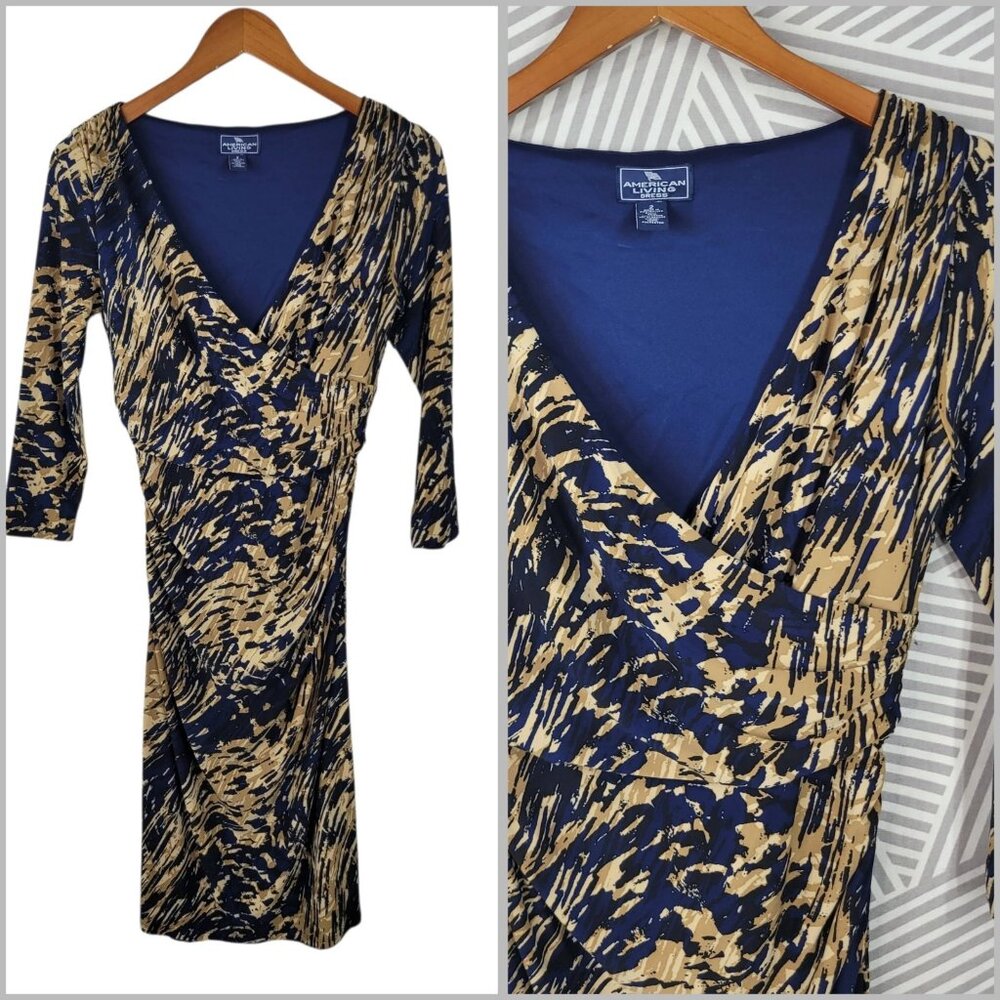 American Living Dress size 2 Stretch Party Ruched Waist Faux Wrap Navy Blue Tan